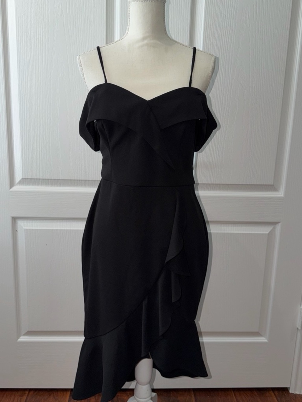 bebe Black One-Shoulder Ruffle Midi Dress
